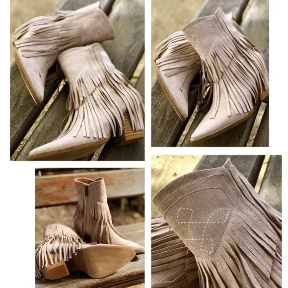 NEW Fringe Tassel Faux Suede Pointy Toe Block Heel Western Booties Boots Taupe - Picture 4 of 13